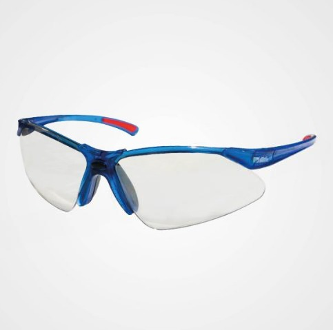 PE08 UV 400 Safety Glasses Mirror Finish Red Temple Pad Blue Frame Mehfuz