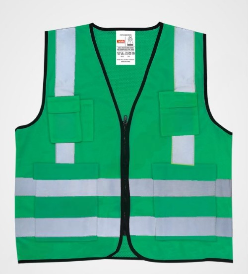 CJ04 High Visibility Safety Vest Green Fabric & Mesh with 5 Pockets Mehfuz