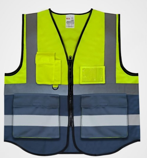 CJ07 Dual Tone High Visibility Safety Vest Yellow and Blue Fabric with Functional Pockets Mehfuz